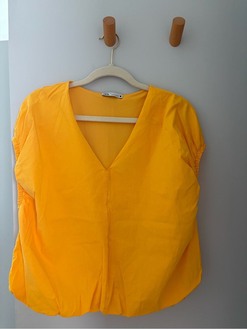 Zara Bright Yellow Balloon V-Neck Short Sleeve Blouse